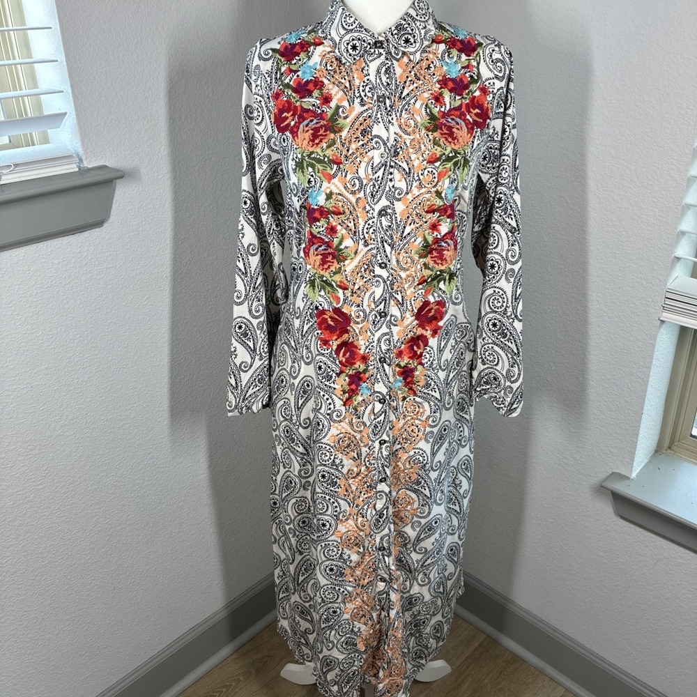 Savanna Jane Floral Embroidered Paisley Long Sleeve Maxi Dress Duster Small Boho